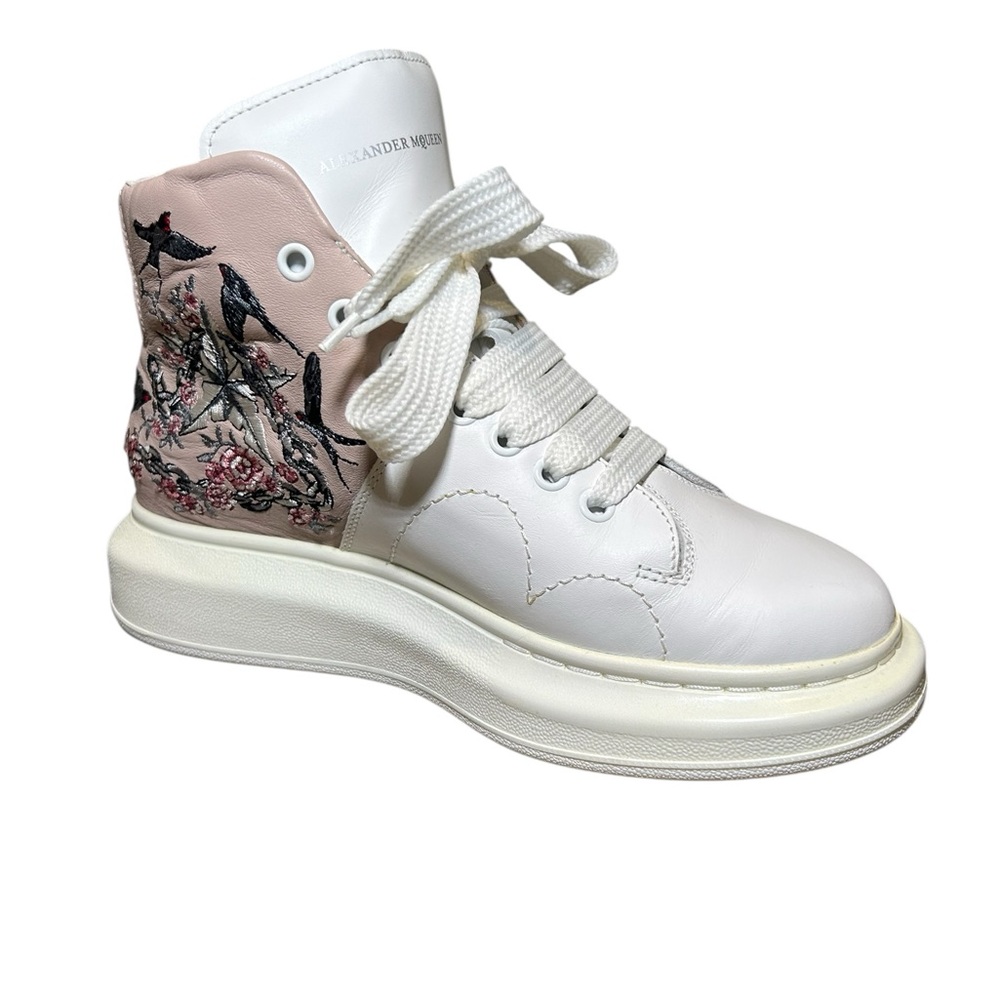 Vintage Alexander McQueen Women's White and Pink Tattoo Embroidered Shoe